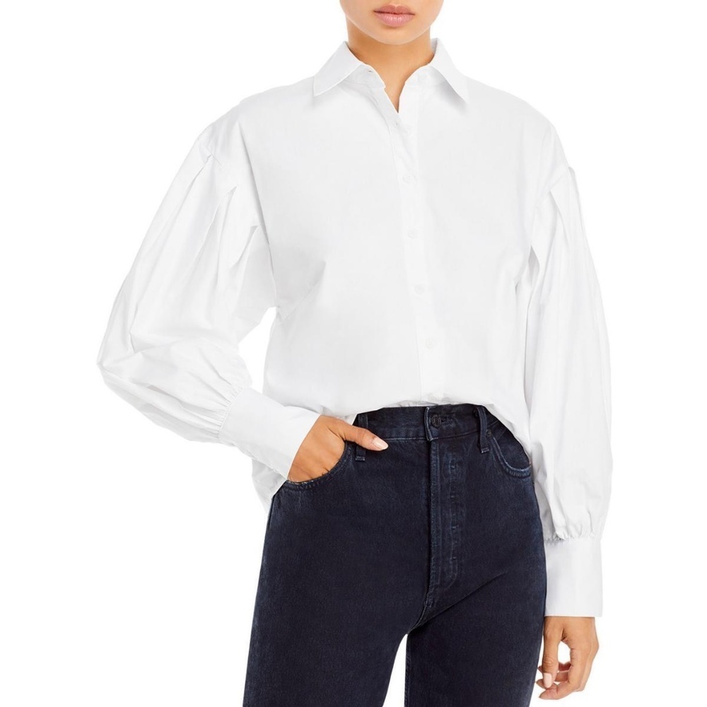Aqua Womens White Collared Solid Top Button-Down … - image 1